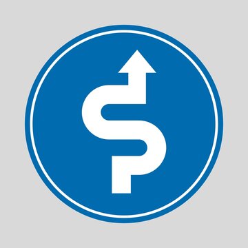 Blue circular mandatory traffic sign with a white curved arrow pointing upward, indicating a required turn or change of direction.