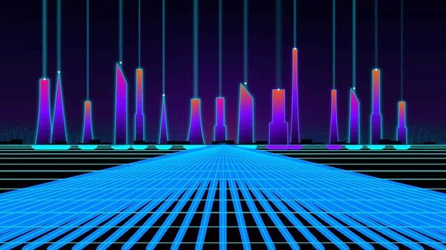 Retro Synthwave 80s Style Digital Cityscape Tunnel Featuring Glowing Neon Towers and Grid Horizon