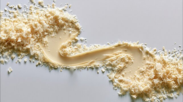 A top-down arrangement where parmesan shavings create flowing curves leading through the composition