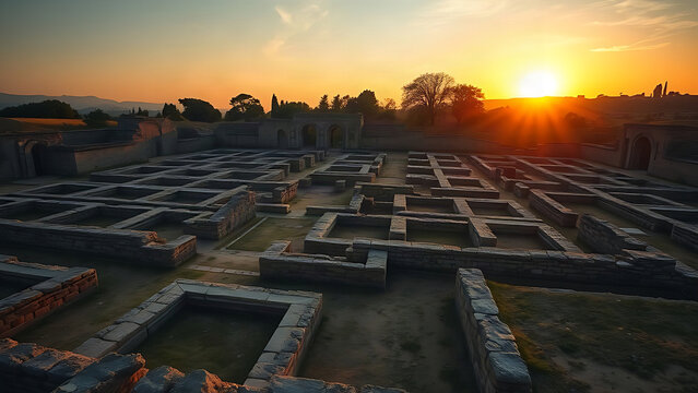 Roman military camp ruins at dusk with long shadows and warm glow.