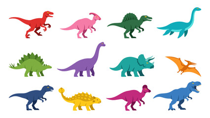 Dinosaur species cartoon character set featuring colorful prehistoric reptiles   Flat vector illustration graphics © Stocklume