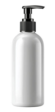 Sleek, tall pump bottle with minimalist design, ideal for shampoo or lotion. bottle features smooth, reflective surface and black pump dispenser, perfect for modern bathroom aesthetics., isolated