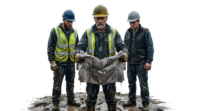 Three Construction Workers in Rain Gear Studying Blueprints on Muddy Ground Isolated on White