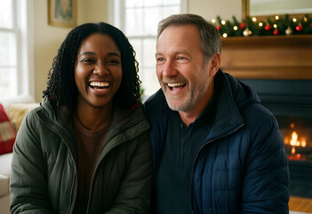 Fototapeta premium Joyful diverse couple laughing together, holiday season and togetherness, multi-ethnic family celebrating christmas at home