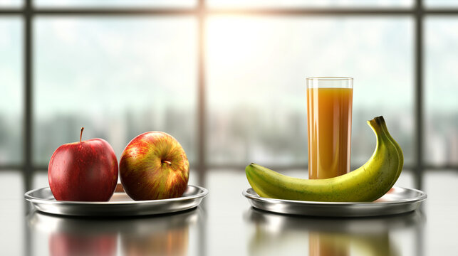 Comparison of fresh red apples and a green banana with a glass of juice on plates