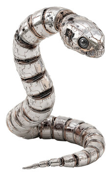 Futuristic snake like surveillance robot with sleek metallic body and intricate circuitry, designed for advanced monitoring and exploration tasks., isolated