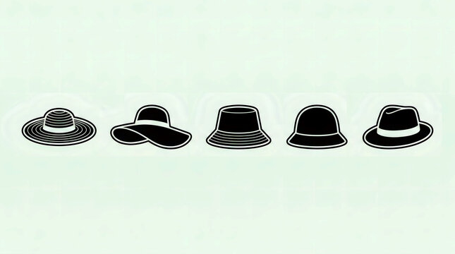 Hats in various classic styles are arranged neatly in a row as black icons on a soft green background vector template.