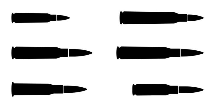 Set of Six Black Bullet Silhouettes, Ammunition Icons, Firearm Cartridge Graphics, Military and Weaponry Vector Elements for Design
