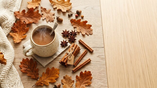 A cozy autumn scene featuring a warm drink surrounded by vibrant fall foliage and cinnamon sticks evoking a peaceful mood
