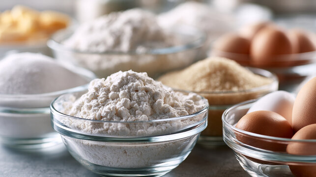 Assorted baking ingredients in glass bowls on table with raw food ingredients homemade
