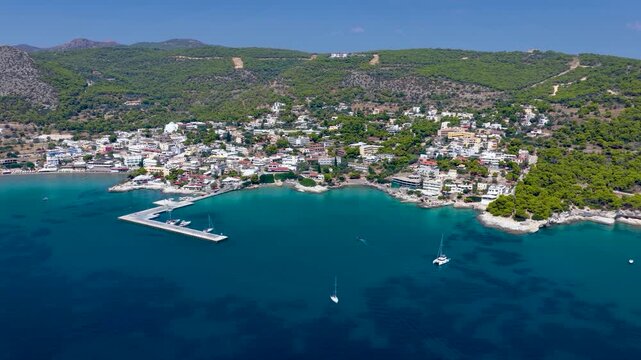 Panoramic aerial summer day view of the coastal town Agia Marina on the Greek island of Aegina, Saronic Gulf, Greece