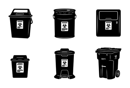 Biohazard Waste Bins Collection, Medical Sharps Containers, Trash Receptacles Set, Black Icons for Healthcare Safety