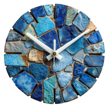 Unique clock face crafted from reclaimed ocean plastic tiles in varying shades of blue, featuring mosaic design with white clock hands., isolated