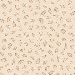 Seamless autumn pattern with hand drawn oak and simple leaves in warm orange lines on a soft beige background. Minimal seasonal botanical design. © Olha