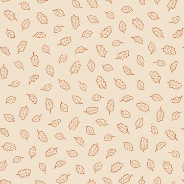 Seamless autumn pattern with hand drawn oak and simple leaves in warm orange lines on a soft beige background. Minimal seasonal botanical design.