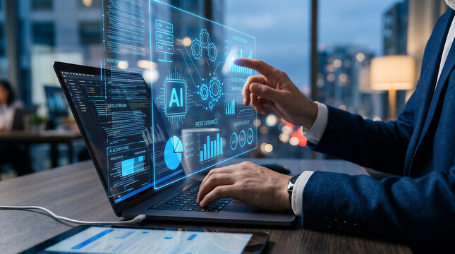 Professional using a laptop with artificial intelligence data visualization and network connections displayed as a glowing blue hologram in a modern office setting
