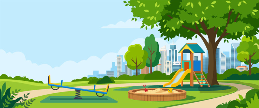 Children playground in city park with slide house, seesaw, sandbox, and trees. Urban park landscape vector banner background template with copy space.