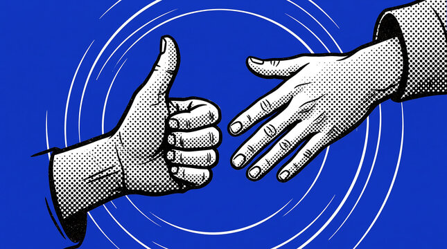 Two hands nearly touching with a thumbs up gesture against a dynamic halftone swirl background in a pop art style