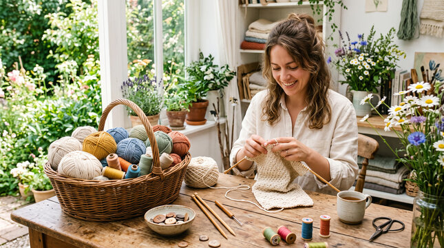 smiling young woman knitting with yarn basket at home