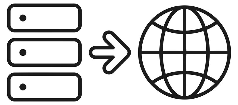 Server data migration to global network icon, representing cloud computing and internet connectivity