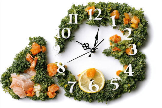Creative wall clock made of fresh green vegetables and citrus slice on white background