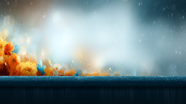Empty wooden table surface with glowing autumn flowers and soft misty background