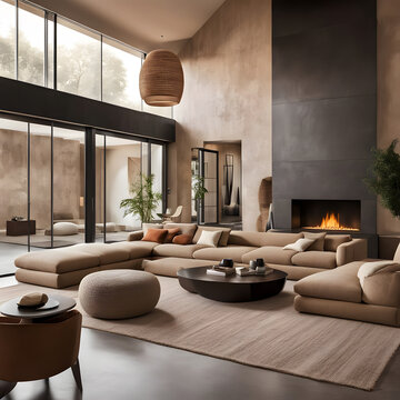 Contemporary living room with minimal organic design, featuring natural textures, a large modular sofa, modern fireplace, and large glass windows revealing outdoor patio