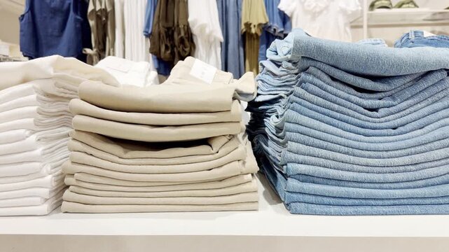 Assorted Casual Clothes on Store Racks.Hand Choosing Clothes on Hangers in Clothing Boutique &ndash; Casual Wear Selection