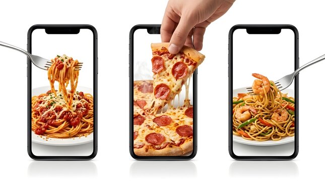 Three smartphones displaying images of delicious pasta and pizza on white background