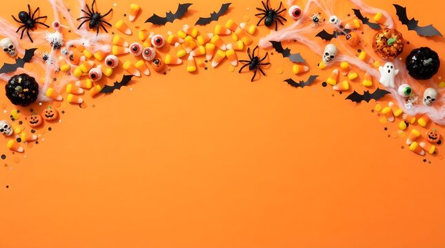 A festive halloween background featuring a top border of scattered spiders bats and orange candy corn decorations on a vibrant solid orange flat lay surface