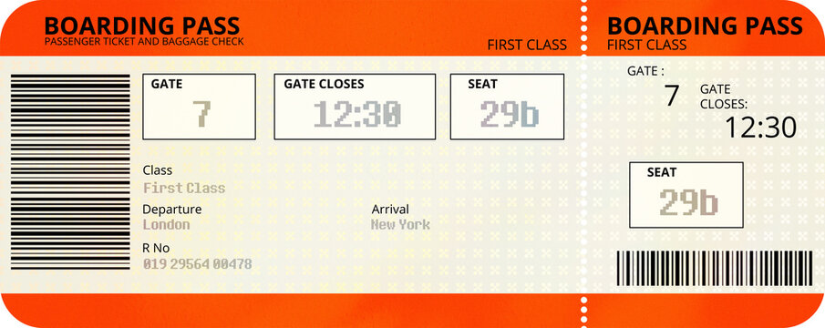 Orange airline boarding pass ticket cutout with barcode and seat details, realistic flight pass vector template, isolated on transparent background, PNG
