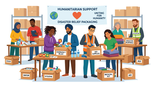 Diverse group of volunteers packing humanitarian aid supplies for disaster relief.