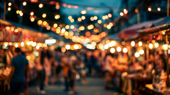 Blurred night market street scene with crowd and hanging fairy lights