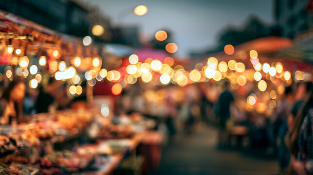 Night market street scene with blurred stalls and glowing bokeh lights from hanging
