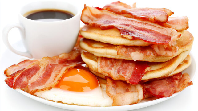 Hearty breakfast platter with pancakes stacked with crispy bacon fried egg black coffee