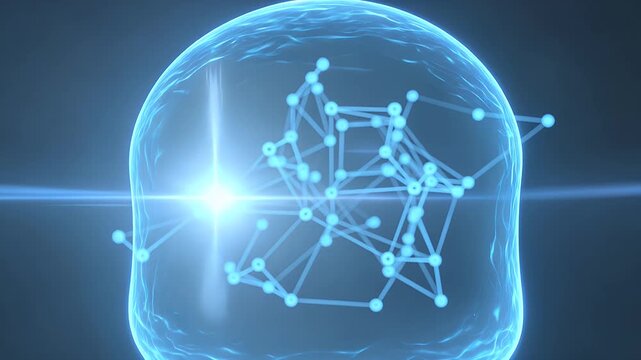 Artificial intelligence, cyber security and data protection network inside glowing shield for cloud computing, internet safety and digital privacy. Future technology, biotech and science innovation w