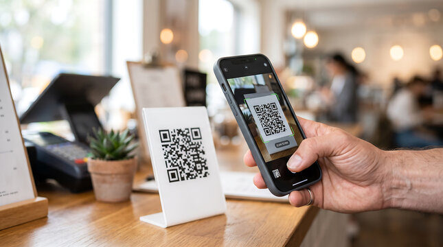 Close up of a hand using a smartphone to scan a QR code on a payment terminal in a cafe, representing contactless payment, mobile technology and digital transactions.