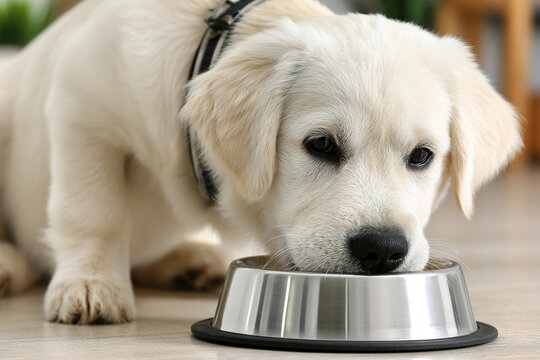 Cute golden retriever puppy eating food from a metal bowl on the floor with dog eating