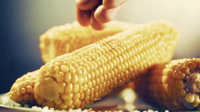 Cook Salting Boiled Sweet Corn Cobs On Plate 