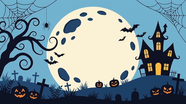 A spooky halloween night scene with a full moon silhouetted bats a haunted house and jack o' lanterns in a graveyard setting