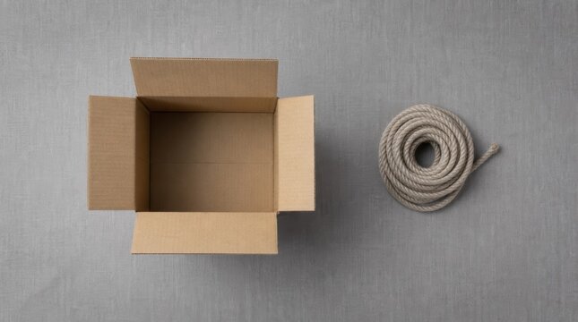 risk management governance optimization. Open empty cardboard box and coiled rope on gray textured surface.