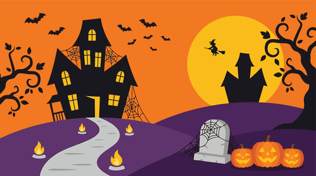 A spooky and enchanting halloween night scene featuring a haunted house bats a full moon and glowing pumpkins perfect for festive decorations and celebrations