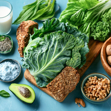 Healthy vegan food selection with leafy greens bread and avocado whole bread plant based
