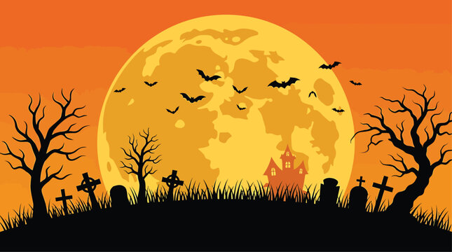 A spooky halloween night scene featuring a large full moon silhouetted trees and flying bats perfect for creepy backgrounds and festive decorations