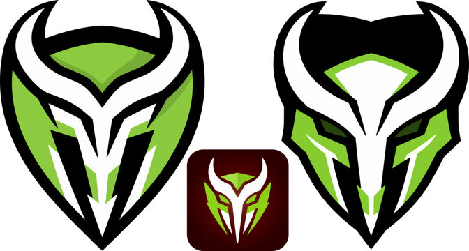 Esports mascot logo set, green and black horned warrior head vector, aggressive gaming team emblem collection for streamers and clubs