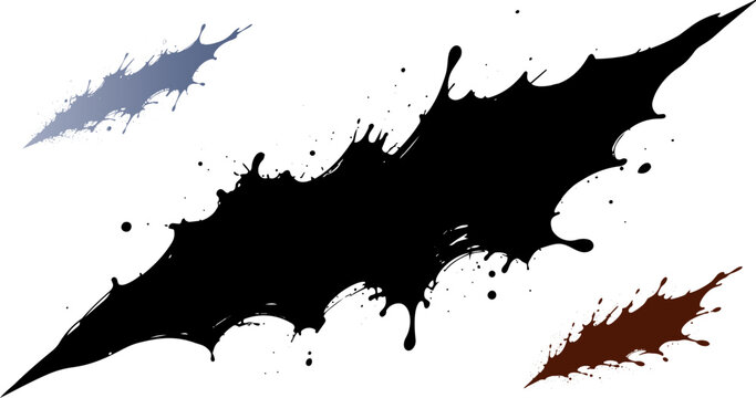 Grunge ink splatter vector set, black paint splash with liquid drips, abstract messy brush stroke elements for graphic design
