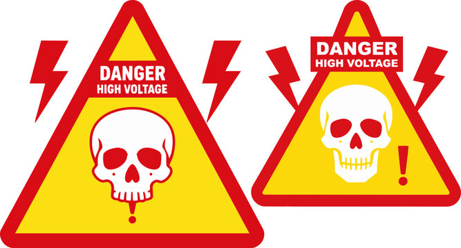 Danger high voltage warning signs, industrial electrical hazard stickers with skull and lightning bolts, safety alert vector icons