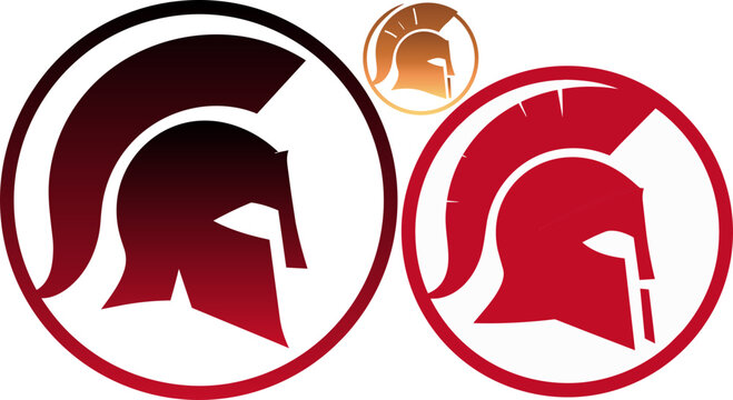 Spartan warrior helmet logo set, red gladiator head icons in circles, ancient greek soldier vector graphics for sports branding