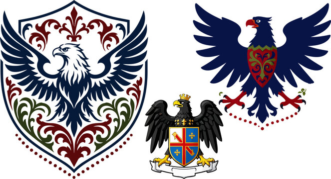 Heraldic eagle crest collection, vintage shield emblems with predatory birds, 3 royal coat of arms vector illustrations for branding