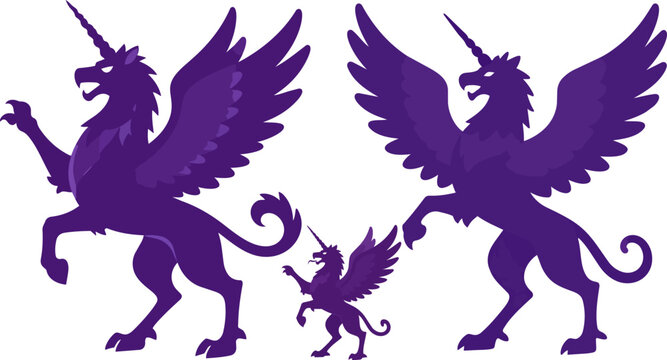 Mythical purple hippogriff silhouettes, winged unicorn griffin creatures, set of 3 fantasy beast vectors for heraldry and gaming logos